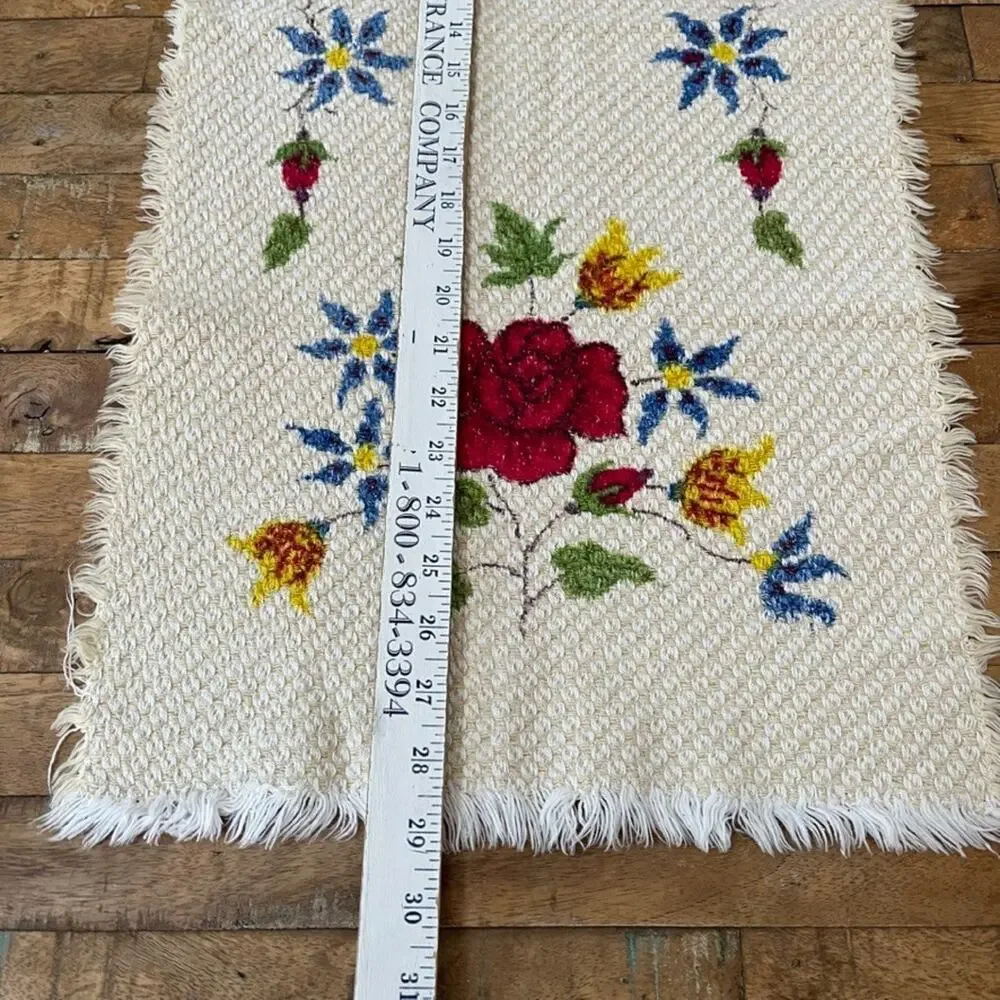 Hand-Painted Rose Floral Small Table Runner 14 x 28 in Woven Cotton Textile